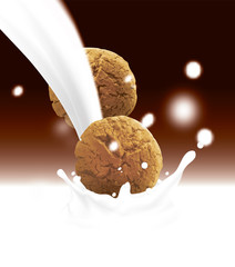 Round brown cookies falling into white pouring milk. Realistic vector illustration with blurred chocolate color background with splashes and drops.