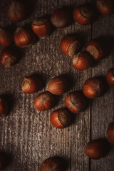top view of hazelnuts on wooden tabletop