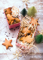 Star shaped gingerbread and gingerman. Homemade cookies. Rustic style breakfast.