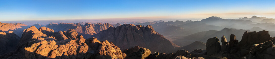 Panorama of Mount Sinai in Sinai Peninsula of Egypt. Dawn of the holy summit of Mount Sinai, Aka...