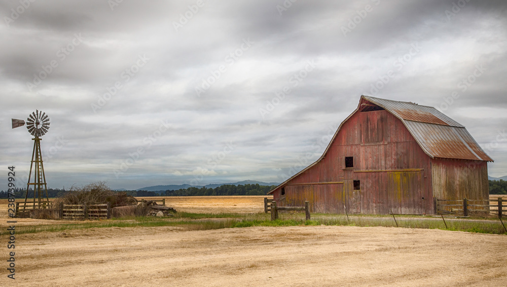 Wall mural old red barn in the field