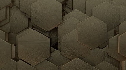 3D illustration of abstract futuristic background from many different hexagons, honeycomb made of iron, silver and gold, with scratches and rust, old, idea for screensaver. 3D rendering, 3D background