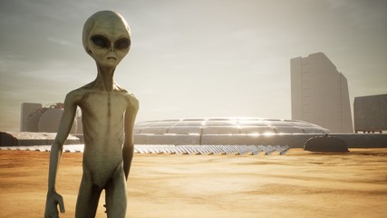 Alien returns to base after inspecting solar panels. Super realistic concept. 3D Rendering