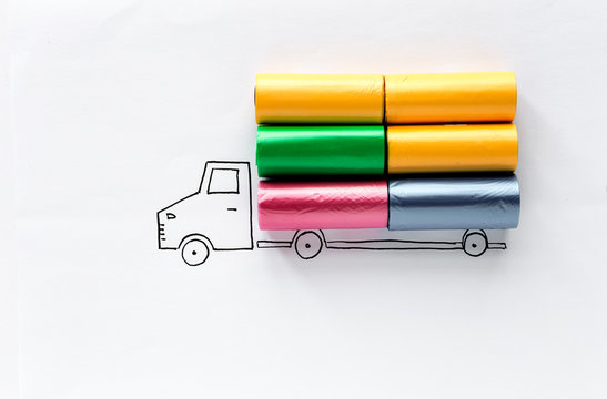 Drawing of truck transporting Colored plastic rolls