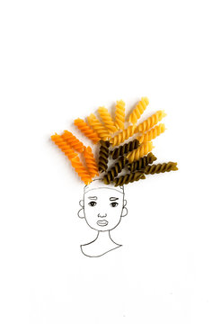 Drawing of head of woman with italian pasta hair