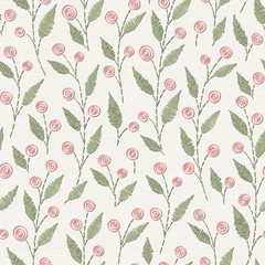  Embroidery floral seamless pattern on linen cloth texture