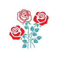 The vector picture a bouquet from the opened buds of roses. Set of vector icons. Delicate beautiful flower with thorns. Flat design.
