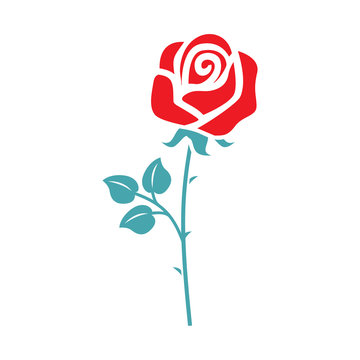 The vector picture of the opened rose bud. Set of vector icons. Delicate beautiful flower with thorns. Flat design.