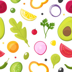Fresh vegetables seamless pattern, healthy eating, vegetarian salad and agriculture concept. Vector illustration