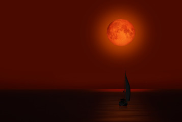 Big bloody red moon with lone yacht- Lunar eclipse 