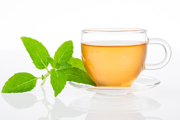 Cup of hot tea isolated on white