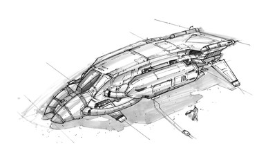 Black and white ink concept art drawing of futuristic or sci-fi spaceship or spacecraft. © Zdenek Sasek