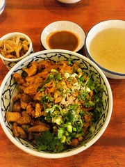 Boiled Sweet Pork Condiment   rice pork no water ,in thai pattern bowl.