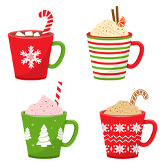 Set of winter holiday cup with hot drink. Vector illustration