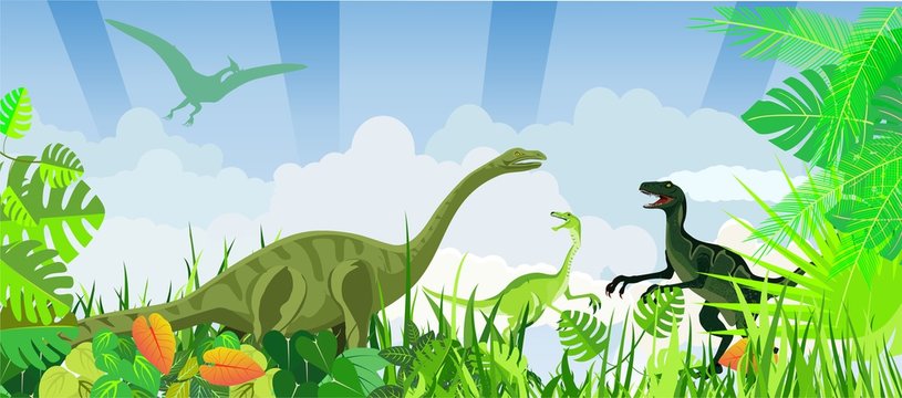 dinosaurs of jurassic time, prehistoric life animals and landscape, vector illustration