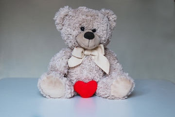 Cute funny teddy bear soft toy with small red heart between legs. Sexy Valentine day gift
