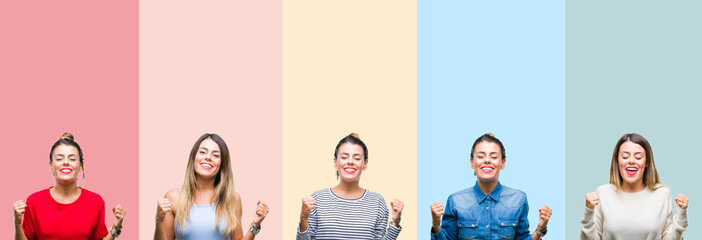 Fototapeta premium Collage of young beautiful woman over colorful vintage stripes isolated background excited for success with arms raised celebrating victory smiling. Winner concept.