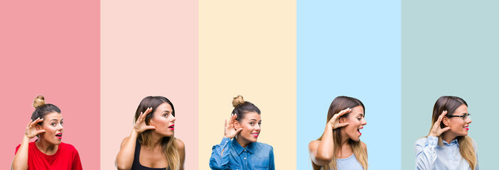 Obraz premium Collage of young beautiful woman over colorful stripes isolated background smiling with hand over ear listening an hearing to rumor or gossip. Deafness concept.