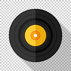 Vinyl record icon in flat style with long shadow on transparent background
