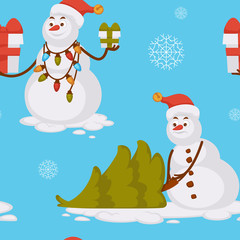 Snowman sunbathing vector seamless pattern of winter character wearing hat