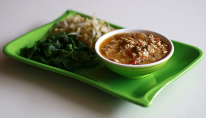 Sprouting, spinach and sambal tumpang. Sambal Tumpang is tempe in spicy coconut sauce.