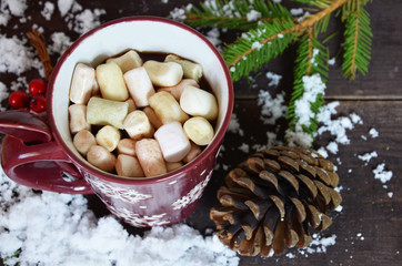 Homemade Tasty Hot Chocolate in Glass with Marshmallow Festive Christmas Background Candy Cane Horizontal Copy Space