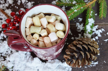 Homemade Tasty Hot Chocolate in Glass with Marshmallow Festive Christmas Background Candy Cane Horizontal Copy Space