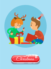 Christmas Holidays Children Opening Present Vector