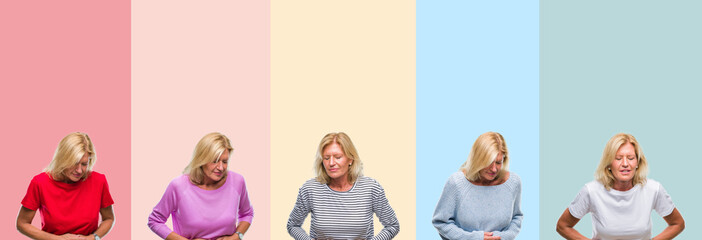Collage of middle age senior beautiful woman over colorful stripes isolated background with hand on stomach because indigestion, painful illness feeling unwell. Ache concept.