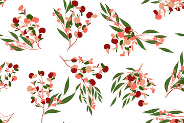 Autumn Seamless Pattern with Eucalyptus Leaves. Foliage Natural Branches. Decorative Background in Vintage Style. Seamless Eucalyptus Pattern for Fabric, Textile, Wrapping Paper, Cloth, Dress, Print.