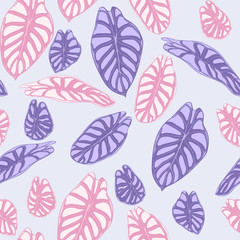 Fototapeta premium Seamless Jungle Pattern in Purple Color Design. Vector Tropic Leaves in Watercolor Style. Background with Stylized Plants Alocasia. Exotic Foliage. Seamless Tropical Pattern for Cloth Design, Fabric.