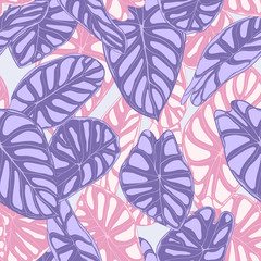 Seamless Jungle Pattern in Purple Color Design. Vector Tropic Leaves in Watercolor Style. Background with Stylized Plants Alocasia. Exotic Foliage. Seamless Tropical Pattern for Cloth Design, Fabric.