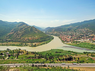 Mtskheta, Georgia: Panoramic view on Holy city of Mtskheta and confluence of the Kura and Aragvi rivers from Jvari Monastery