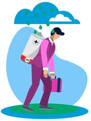 Metaphor of man fatigue, businessman overwork in minimalist style. Cartoon Vector
