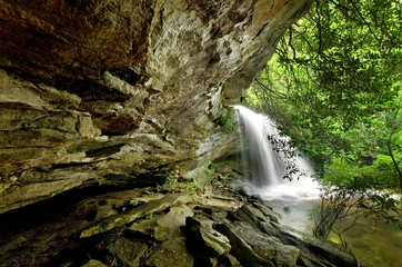 Hidden waterfall in lush rain forest
