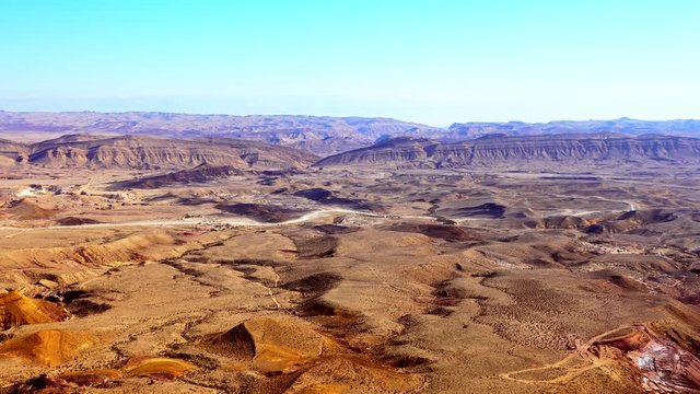 Big makhtesh (crater) or Makhtesh Gadol panorama landscape. It is geological erosional landform of Israel's Negev desert. It measures 5 x 10 km. Israel