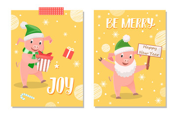 Wishes Greeting with Piglets Gifts and Card Vector