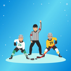 Fototapeta na wymiar Vector illustration in flat style, sports concept.Hockey players and referee. Championship or hockey match.