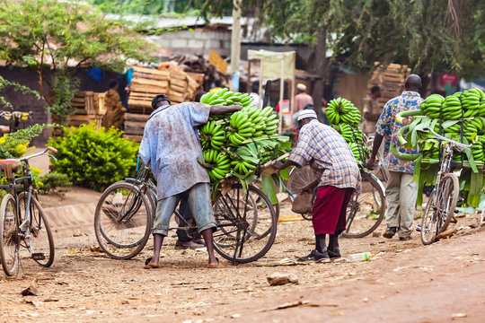 help to load bananas at street market in tanzania