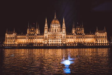 Fototapeta na wymiar Hungarian Parliament at night on the River Danube, Budapest, Hungary, Europe