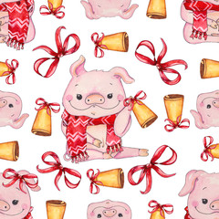 Seamless Christmas pattern with cute pig