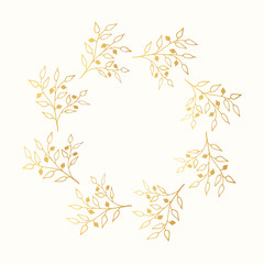 Golden vintage round hand drawn floral frame. Vector isolated design elements. Gold vine wreath. © Kirill