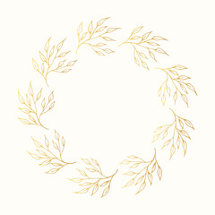Golden floral round hand drawn frame. Vector isolated design elements. Vine vintage botanical wreath.