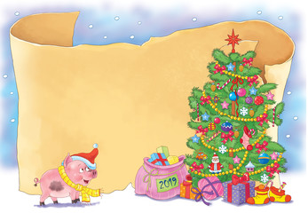 Christmas. New Year 2019. Greeting card. Poster. Illustration for children.  Cute and funny cartoon characters.