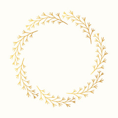 Floral round hand drawn golden botanical frame. Vector isolated design elements. Vine vintage gold wreath.