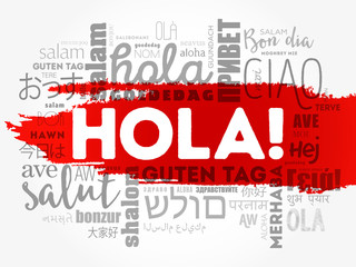 Hola! (Hello Greeting in Spanish) word cloud in different languages of the world, background concept © dizain
