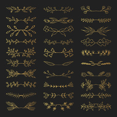 Hand drawn floral golden branch dividers. Vector isolated elements. Wedding flourish gold borders for invitation card.