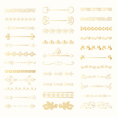 Set of vintage hand drawn vector golden dividers, lines, borders and laurels. Vector isolated elements.