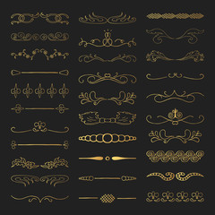 Set of vintage hand drawn vector golden dividers, lines, gold borders. Vector isolated elements.