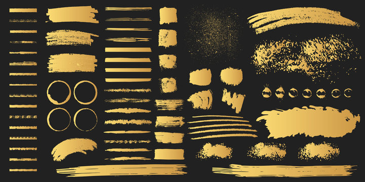 Big collection of hand drawn golden grunge torn box shapes. Vector isolated background. Edge gold frames. Distressed brush strokes, blots, borders and rough dividers.